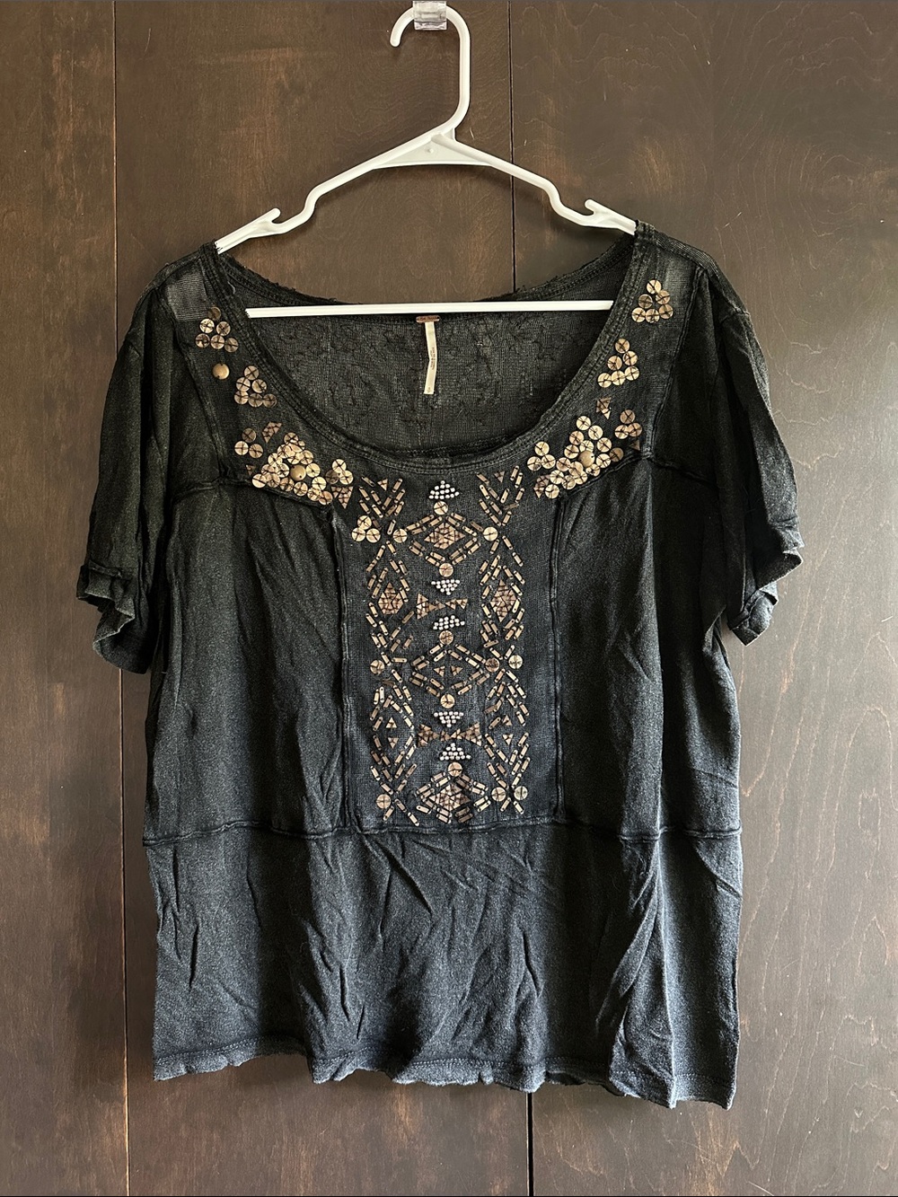 Free People Black Short Sleeve Embellished Scoop Neck Top